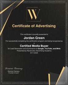 Wynbrooke Advertising Academy Certificate of Advertising awarded to Jordan Green